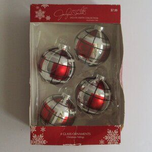 Jaclyn Smith Christmas Tidings Red Silver Black Plaid Glass Ornaments 4 Pack Box